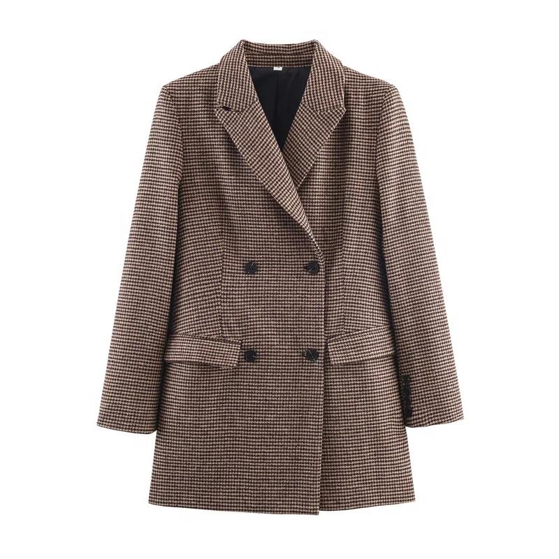Damen Doppelreihiger Hahnentritt-Blazer mit Oversize-Schnitt und Reverskragen Nord Taschen