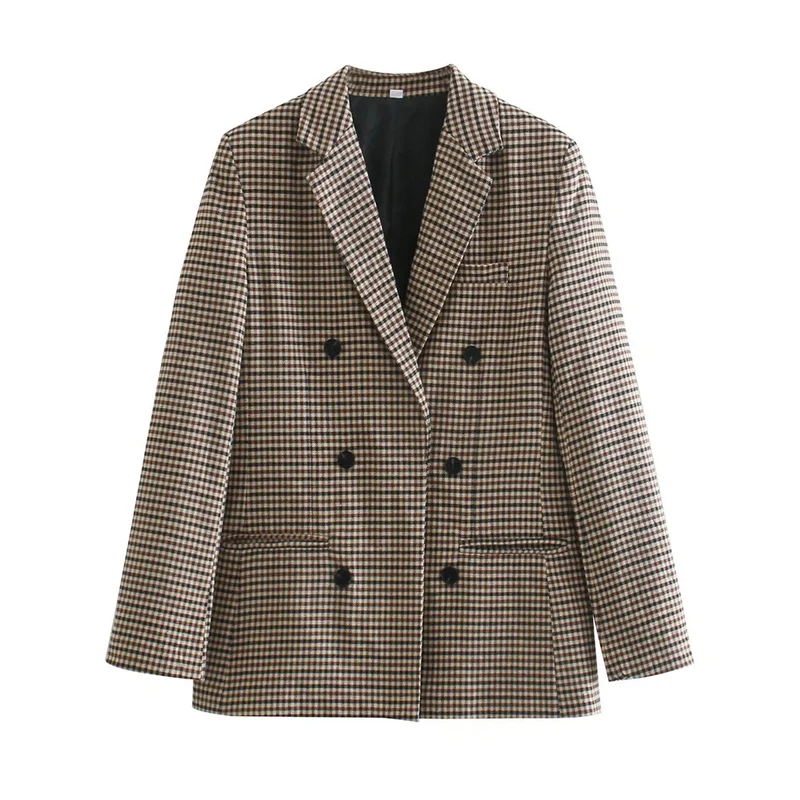 Damen Doppelreihiger Hahnentritt-Blazer mit Oversize-Schnitt und Reverskragen Nord Taschen
