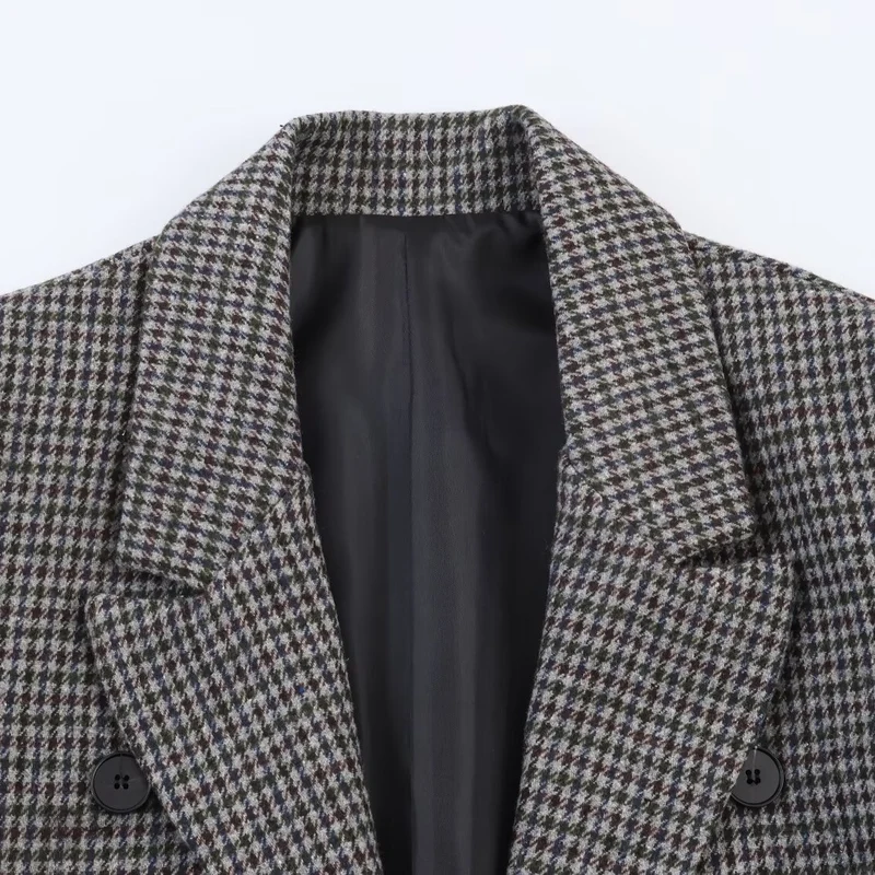 Damen Doppelreihiger Hahnentritt-Blazer mit Cutaway-Saum und Gehschlitz Nord Taschen