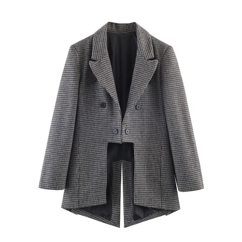 Damen Doppelreihiger Hahnentritt-Blazer mit Cutaway-Saum und Gehschlitz Nord Taschen