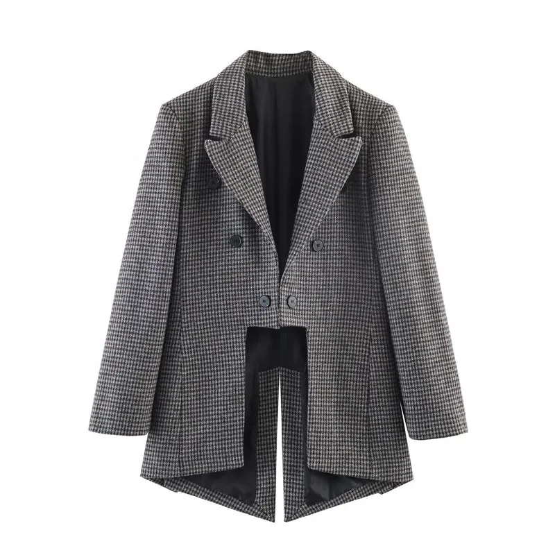 Damen Doppelreihiger Hahnentritt-Blazer mit Cutaway-Saum und Gehschlitz Nord Taschen