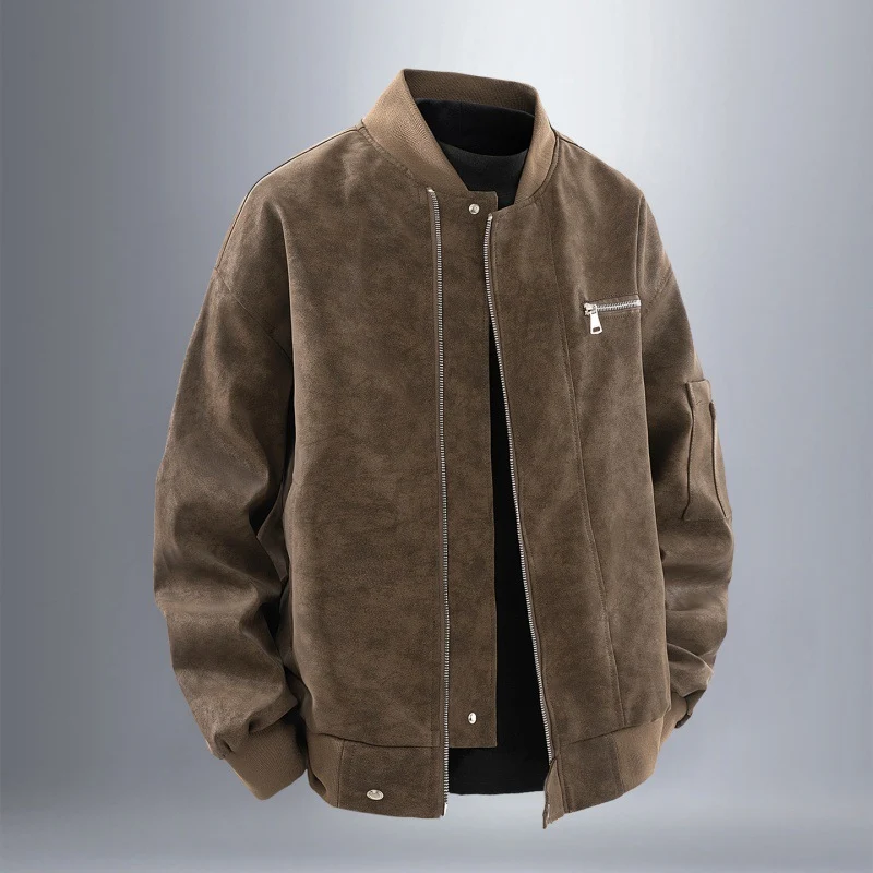 Herren Wildlederoptische Bomberjacke mit durchgehendem Reißverschluss, Rippkragen und Utility-Taschen Nord Taschen