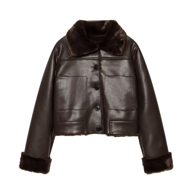 Damen Kurzjacke in Lammfell‑Optik mit Pelzkragen, aufgesetzten Taschen und Knopfleiste Nord Taschen