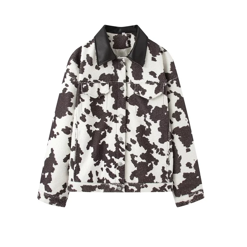 Damen Kurzjacke im Trucker‑Stil mit Kuhfleckenmuster und Kunstlederkragen Nord Taschen