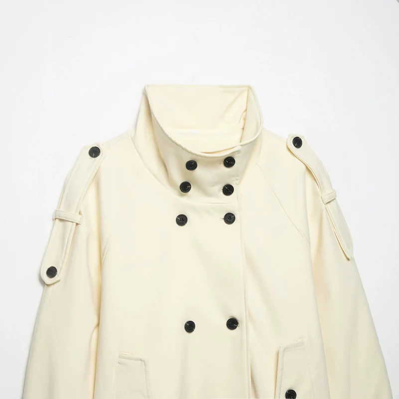 Damen Kurzjacke im Trenchcoat-Stil mit Doppelreiher und Taillengürtel Nord Taschen