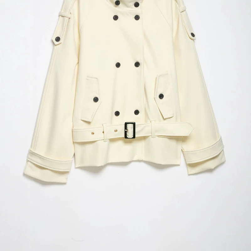 Damen Kurzjacke im Trenchcoat-Stil mit Doppelreiher und Taillengürtel Nord Taschen