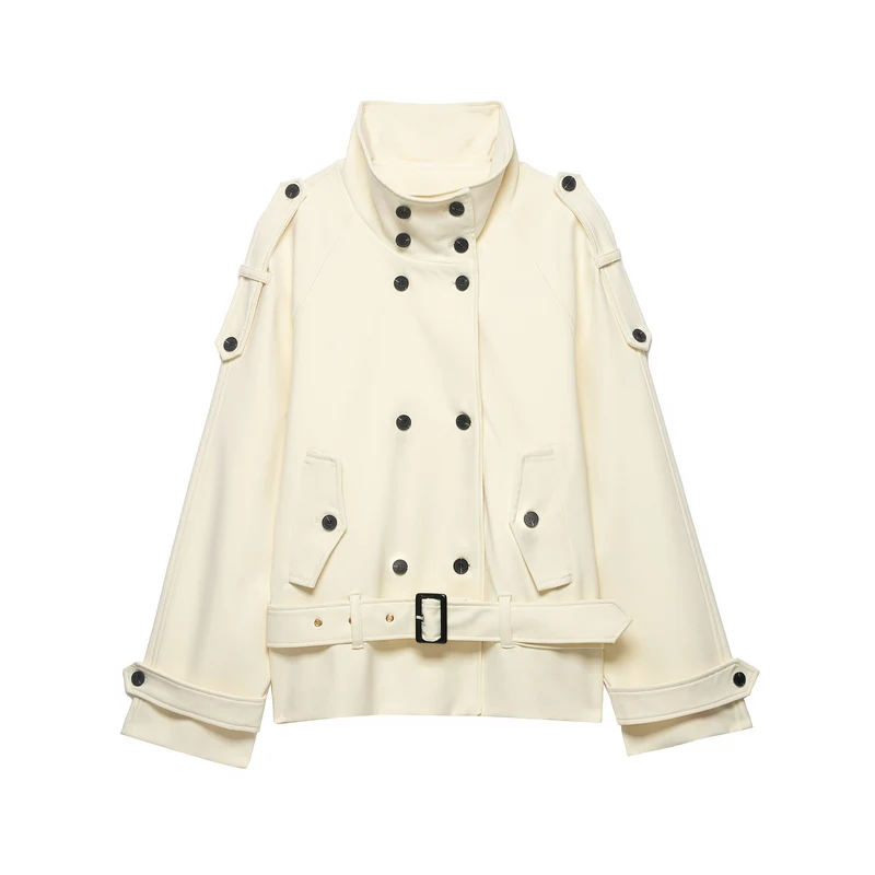 Damen Kurzjacke im Trenchcoat-Stil mit Doppelreiher und Taillengürtel Nord Taschen