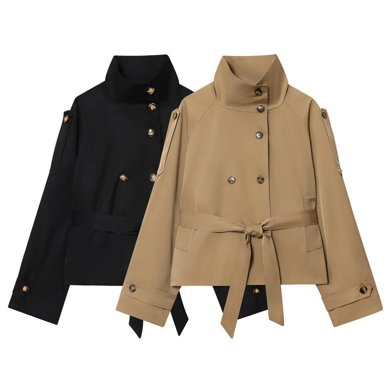 Damen Kurzjacke im Marineinspirierten Doppelreiher mit Stehkragen, Zierknöpfen und Bindegürtel Nord Taschen