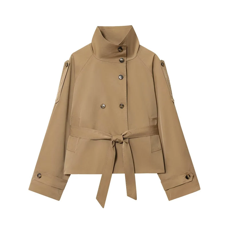 Damen Kurzjacke im Marineinspirierten Doppelreiher mit Stehkragen, Zierknöpfen und Bindegürtel Nord Taschen