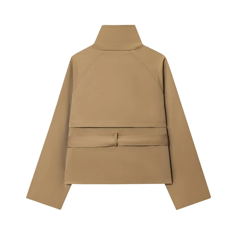 Damen Kurzjacke im Marineinspirierten Doppelreiher mit Stehkragen, Zierknöpfen und Bindegürtel Nord Taschen