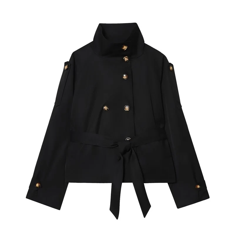 Damen Kurzjacke im Marineinspirierten Doppelreiher mit Stehkragen, Zierknöpfen und Bindegürtel Nord Taschen
