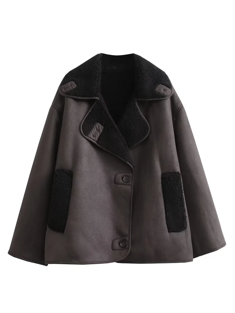 Damen Kurzjacke im Lammfell-Look mit Umlegekragen und seitlichen Eingrifftaschen Nord Taschen