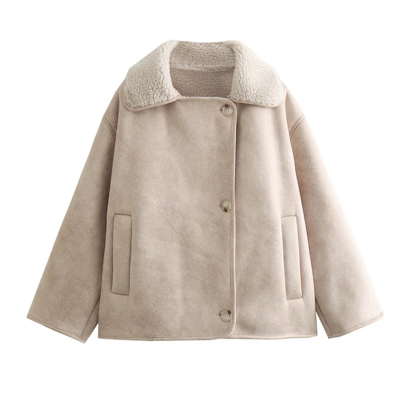 Damen Kurzjacke im Lammfell-Look mit Umlegekragen und seitlichen Eingrifftaschen Nord Taschen