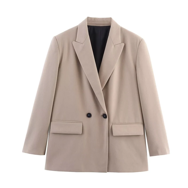 Damen Doppelreiher-Blazer mit Reverskragen, längerem Oversize-Schnitt und Pattentaschen Nord Taschen