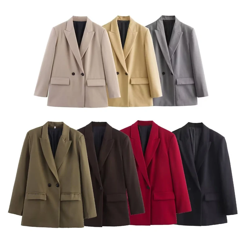 Damen Doppelreiher-Blazer mit Reverskragen, längerem Oversize-Schnitt und Pattentaschen Nord Taschen