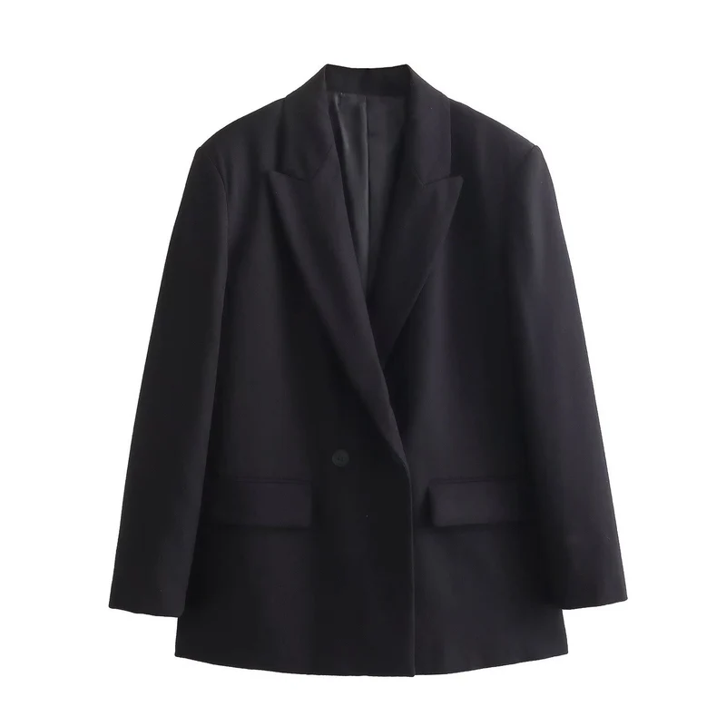 Damen Doppelreiher-Blazer mit Reverskragen, längerem Oversize-Schnitt und Pattentaschen Nord Taschen