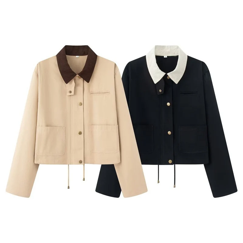 Damen Cropped Workwear‑Jacke mit Cordkragen, Druckknöpfen und Tunnelzug Nord Taschen