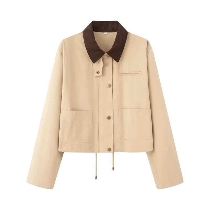 Damen Cropped Workwear‑Jacke mit Cordkragen, Druckknöpfen und Tunnelzug Nord Taschen