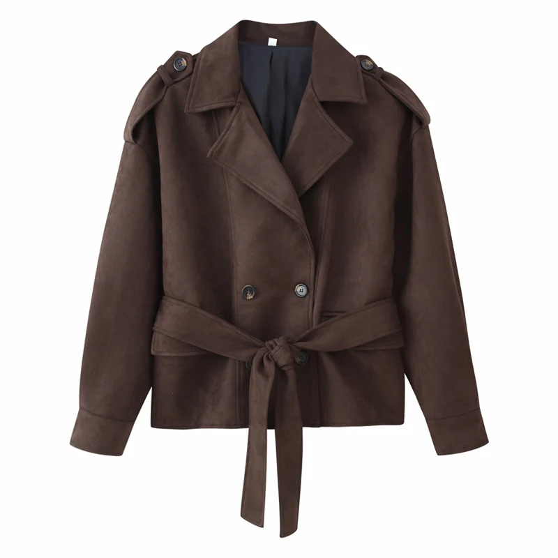 Damen Cropped Trenchjacke im Velourslook mit Bindegürtel und Schulterklappen Nord Taschen