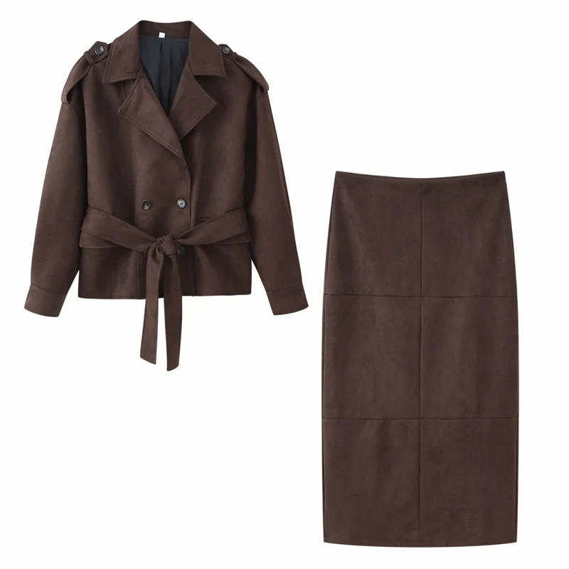 Damen Cropped Trenchjacke im Velourslook mit Bindegürtel und Schulterklappen Nord Taschen