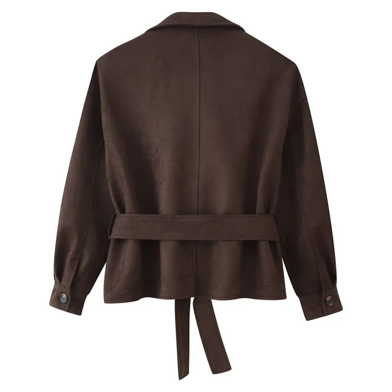Damen Cropped Trenchjacke im Velourslook mit Bindegürtel und Schulterklappen Nord Taschen