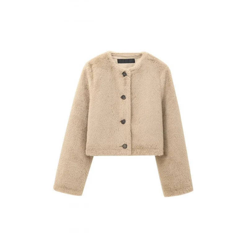 Damen Cropped Teddy‑Jacke mit geradem Saum, Rundhals und Hornknopfverschluss Nord Taschen