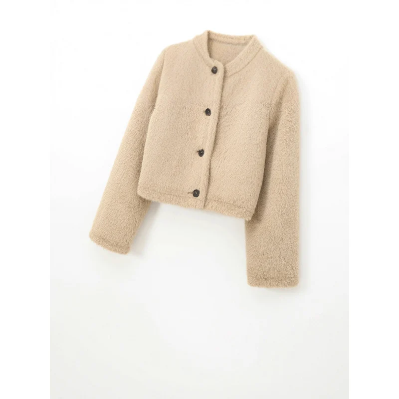 Damen Cropped Teddy‑Jacke mit geradem Saum, Rundhals und Hornknopfverschluss Nord Taschen