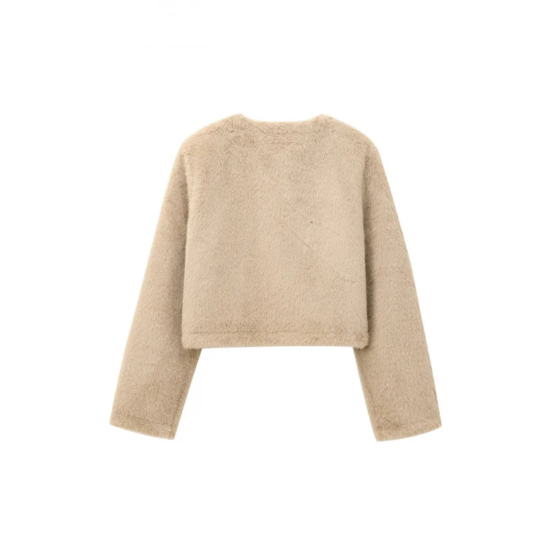 Damen Cropped Teddy‑Jacke mit geradem Saum, Rundhals und Hornknopfverschluss Nord Taschen