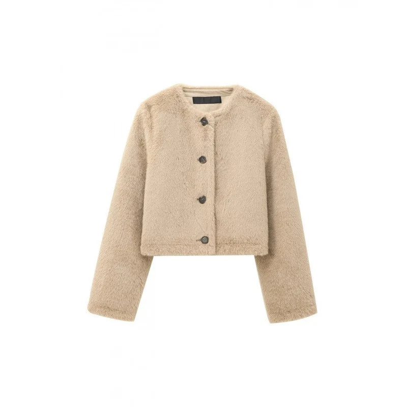 Damen Cropped Teddy‑Jacke mit geradem Saum, Rundhals und Hornknopfverschluss Nord Taschen