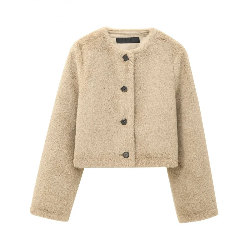 Damen Cropped Teddy‑Jacke mit geradem Saum, Rundhals und Hornknopfverschluss Nord Taschen