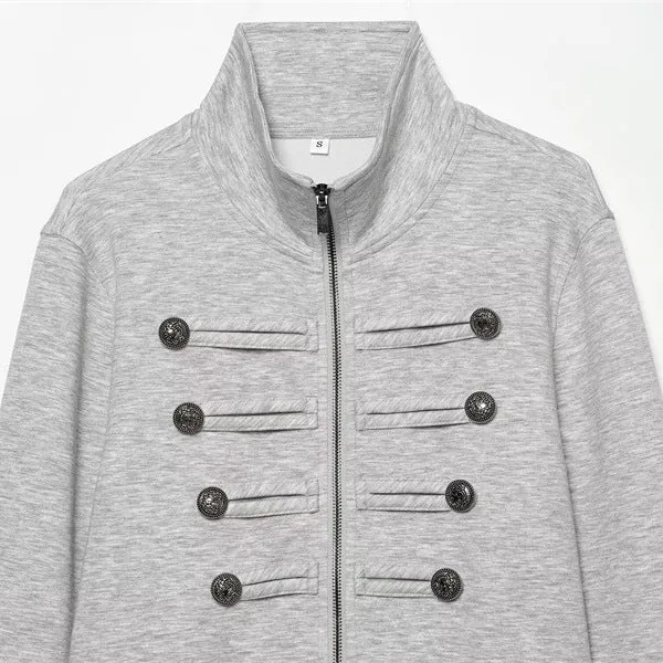 Damen Cropped Sweatjacke im Military-Look mit Stehkragen und Zierknopfreihe Nord Taschen