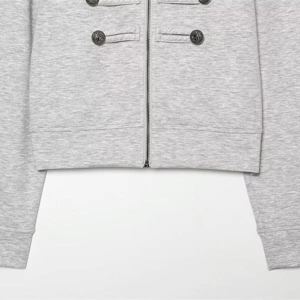 Damen Cropped Sweatjacke im Military-Look mit Stehkragen und Zierknopfreihe Nord Taschen