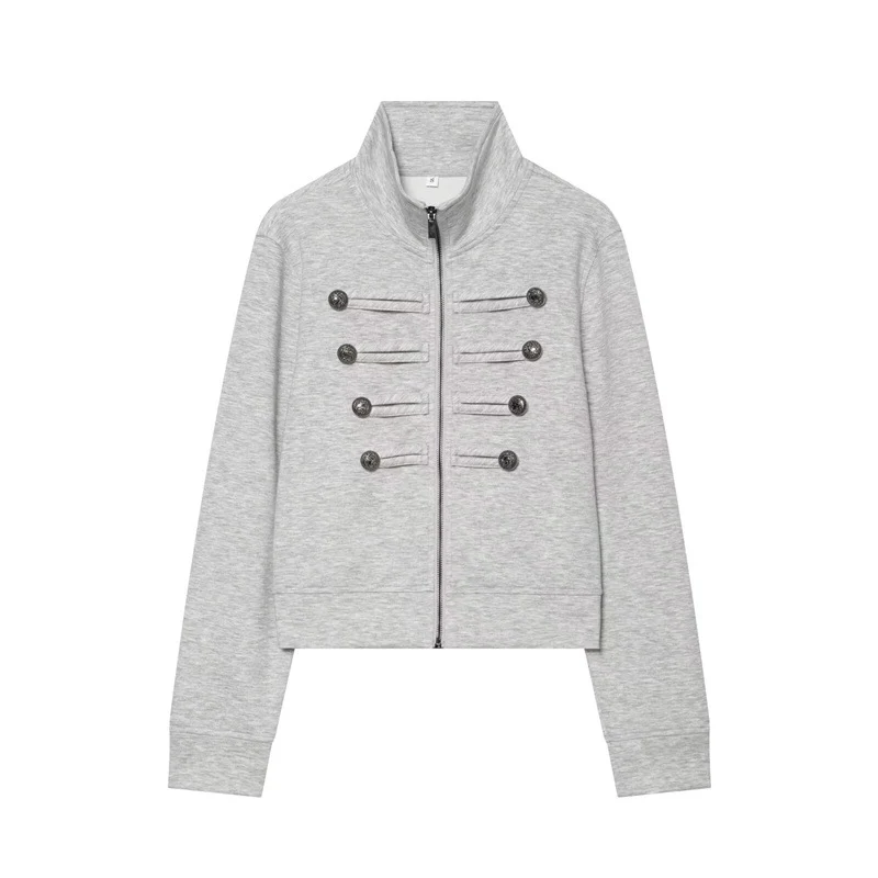Damen Cropped Sweatjacke im Military-Look mit Stehkragen und Zierknopfreihe Nord Taschen