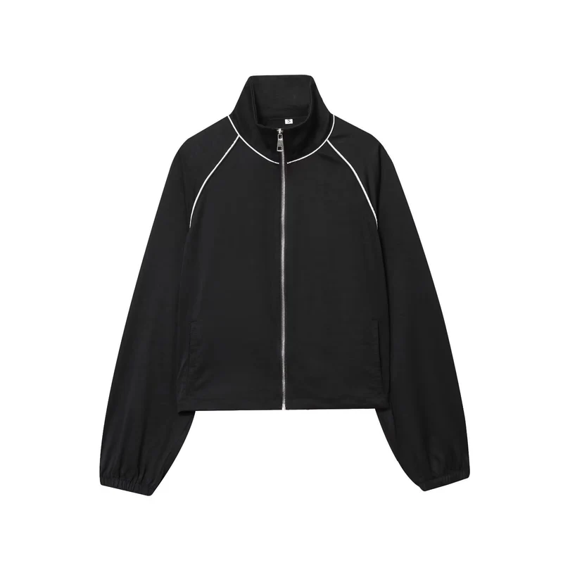 Damen Cropped Sportive Trainingsjacke mit Stehkragen und Kontrastpaspel Nord Taschen