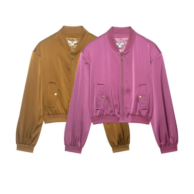 Damen Cropped Satin-Bomberjacke mit Reißverschluss, Pattentaschen und Rippbündchen Nord Taschen
