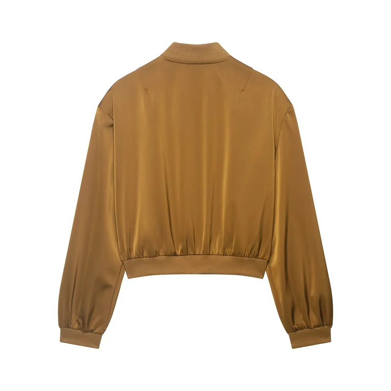 Damen Cropped Satin-Bomberjacke mit Reißverschluss, Pattentaschen und Rippbündchen Nord Taschen