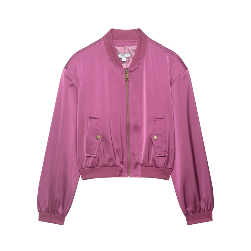 Damen Cropped Satin-Bomberjacke mit Reißverschluss, Pattentaschen und Rippbündchen Nord Taschen