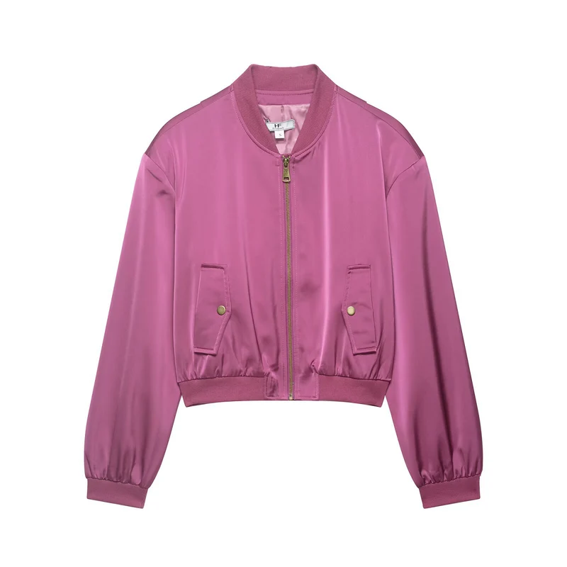 Damen Cropped Satin-Bomberjacke mit Reißverschluss, Pattentaschen und Rippbündchen Nord Taschen