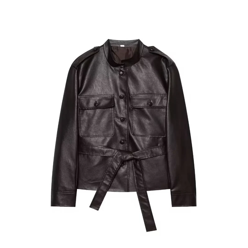 Damen Cropped Safari‑Jacke aus veganem Leder mit Bindegürtel und Epauletten Nord Taschen