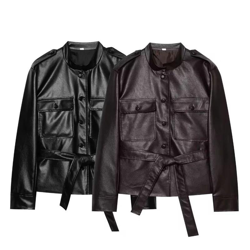 Damen Cropped Safari‑Jacke aus veganem Leder mit Bindegürtel und Epauletten Nord Taschen