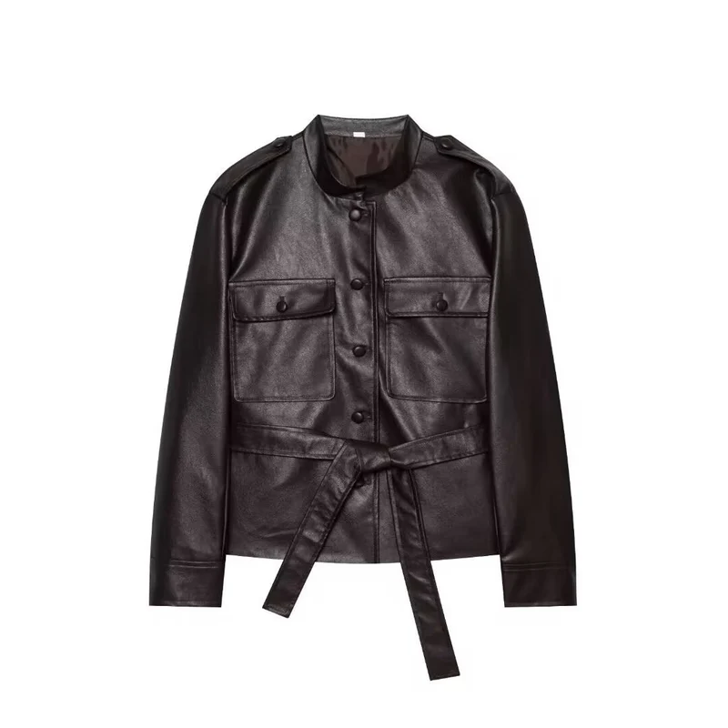Damen Cropped Safari‑Jacke aus veganem Leder mit Bindegürtel und Epauletten Nord Taschen