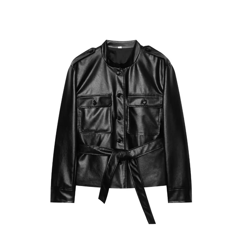Damen Cropped Safari‑Jacke aus veganem Leder mit Bindegürtel und Epauletten Nord Taschen