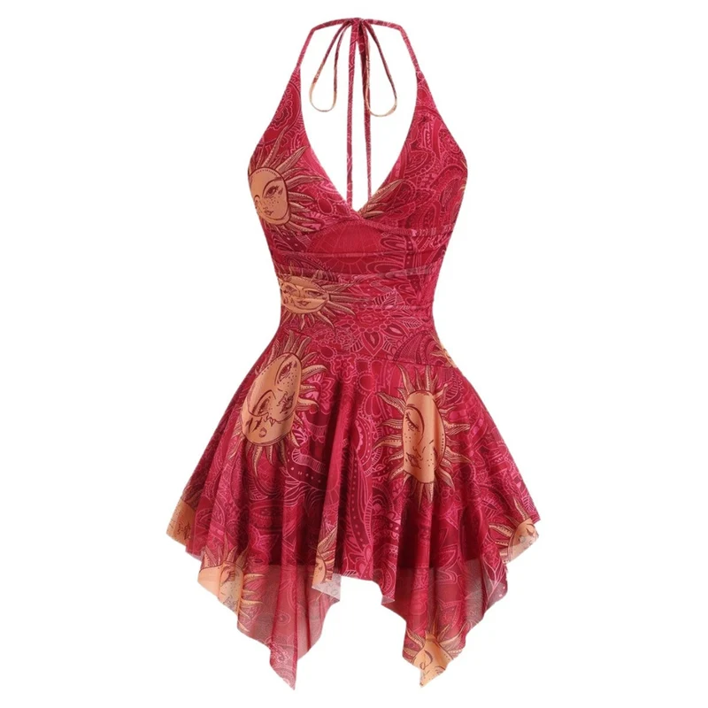 Damen lässiges Strandkleid mit asymmetrischem Saum und raffiniertem Druck
