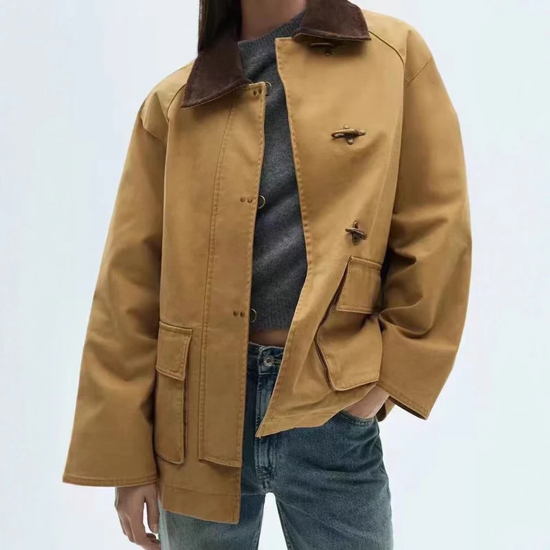 Damen Oversize Kurzmantel mit Knebelverschlüssen und Cordkragen Nord Taschen