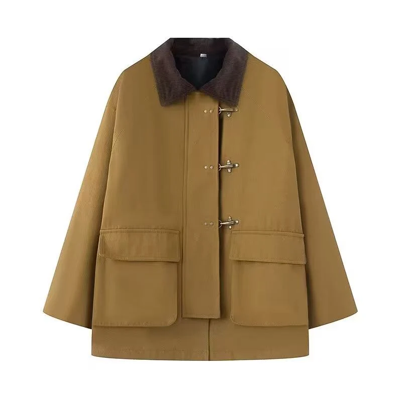 Damen Oversize Kurzmantel mit Knebelverschlüssen und Cordkragen Nord Taschen