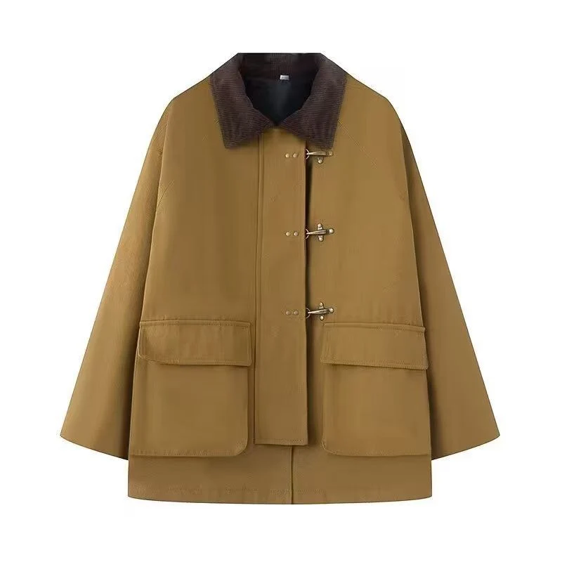 Damen Oversize Kurzmantel mit Knebelverschlüssen und Cordkragen Nord Taschen