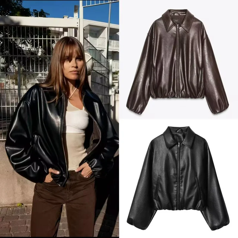 Damen Oversize-Kunstleder-Bomber mit Hemdkragen, verdecktem Reißverschluss und ballonärmeln Nord Taschen