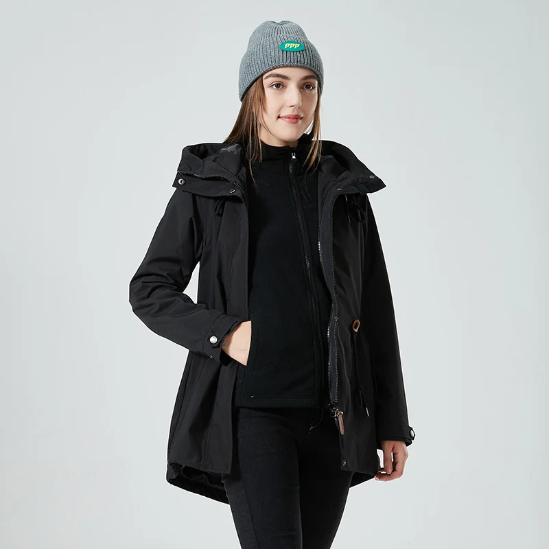 Damen Wasserabweisende taillierte Parka-Jacke mit Kapuze und Kordelzug Nord Taschen