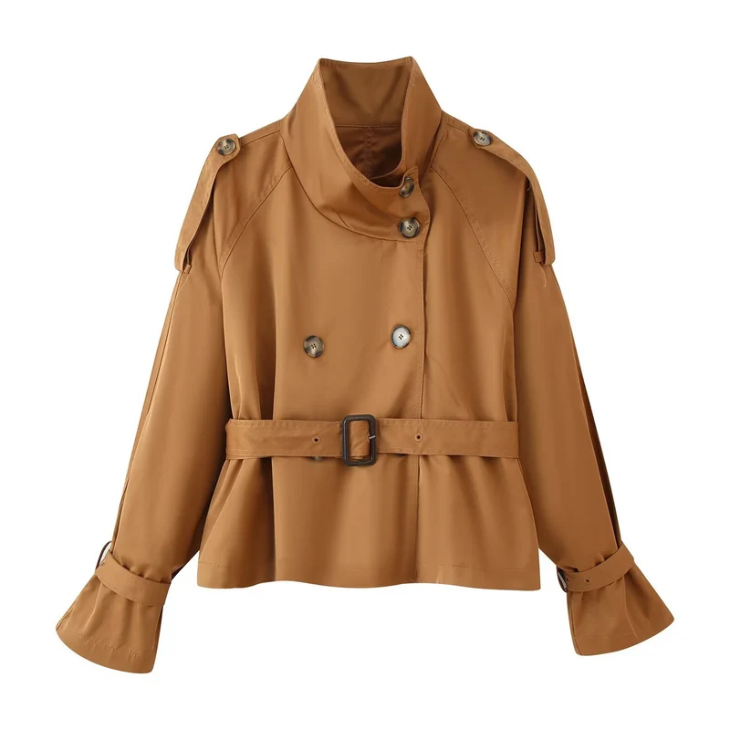Damen Kurz geschnittener Doppelreiher-Trench mit weitem Schalkragen, taillierendem Gürtel und verstellbaren Ärmelriemen Nord Taschen
