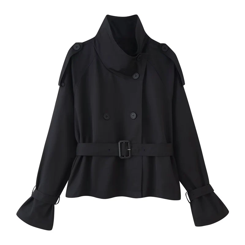 Damen Kurz geschnittener Doppelreiher-Trench mit weitem Schalkragen, taillierendem Gürtel und verstellbaren Ärmelriemen Nord Taschen